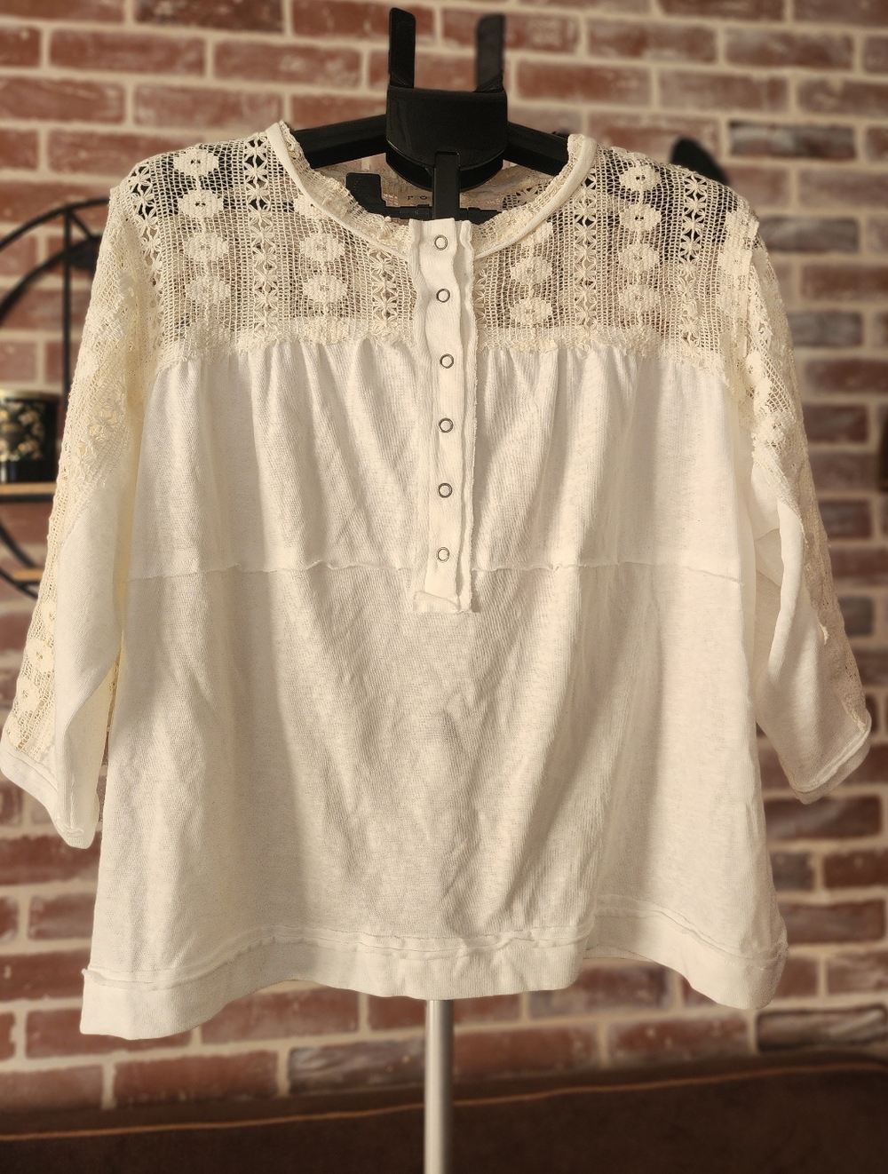 POL Women's Cream Lace Yoke Button-Front Top